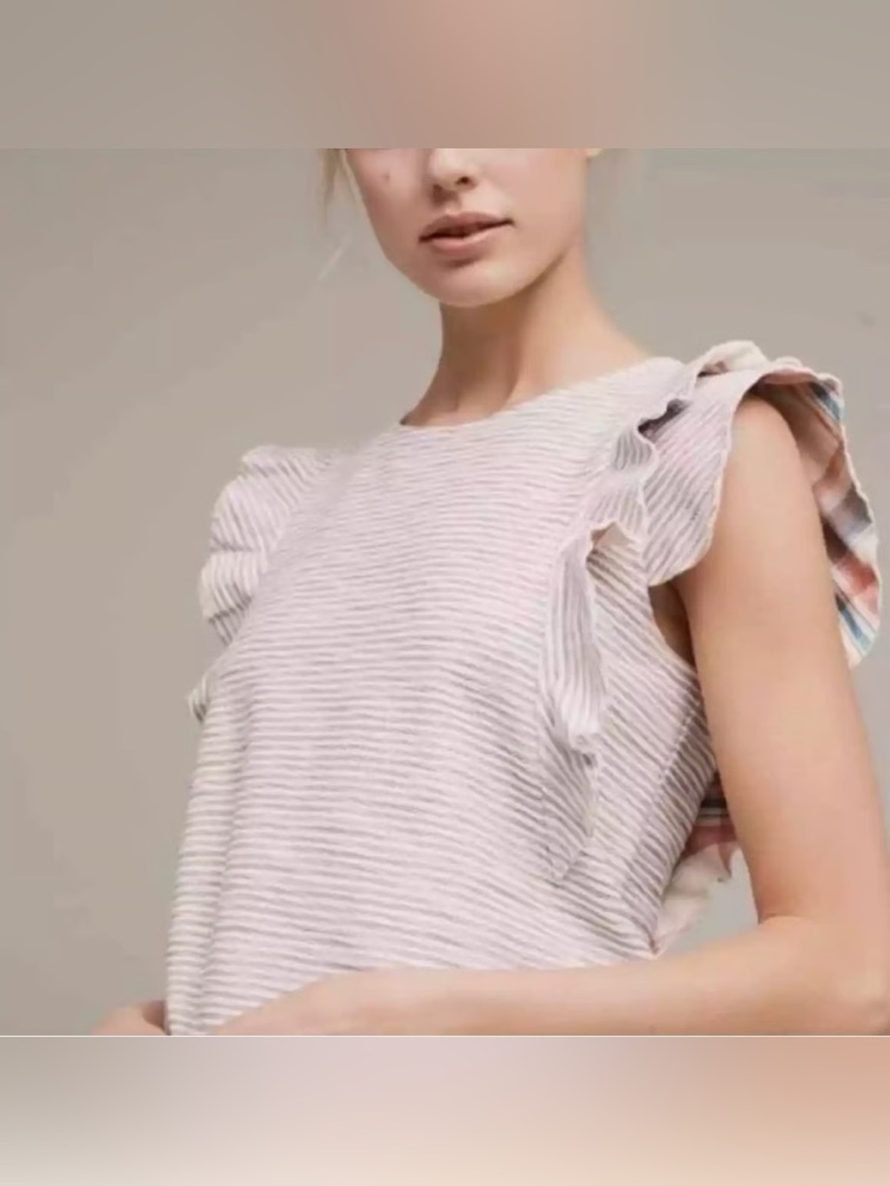 Anthropologie Postmark Striped Ruffle Sleeve Top Small Gray White Plaid Trim